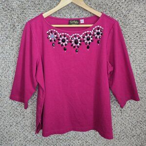 Bob Mackie Top Womens Large Purple Wearable Art‎ Beaded Scoop Neck Tee Ladies